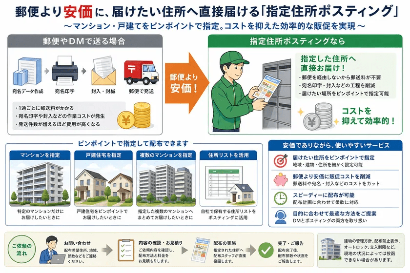 ポスティング・サービス　「指定住所ポスティング」マンションや戸建住宅をピンポイント指定し郵便より安価に広告物を直接配布